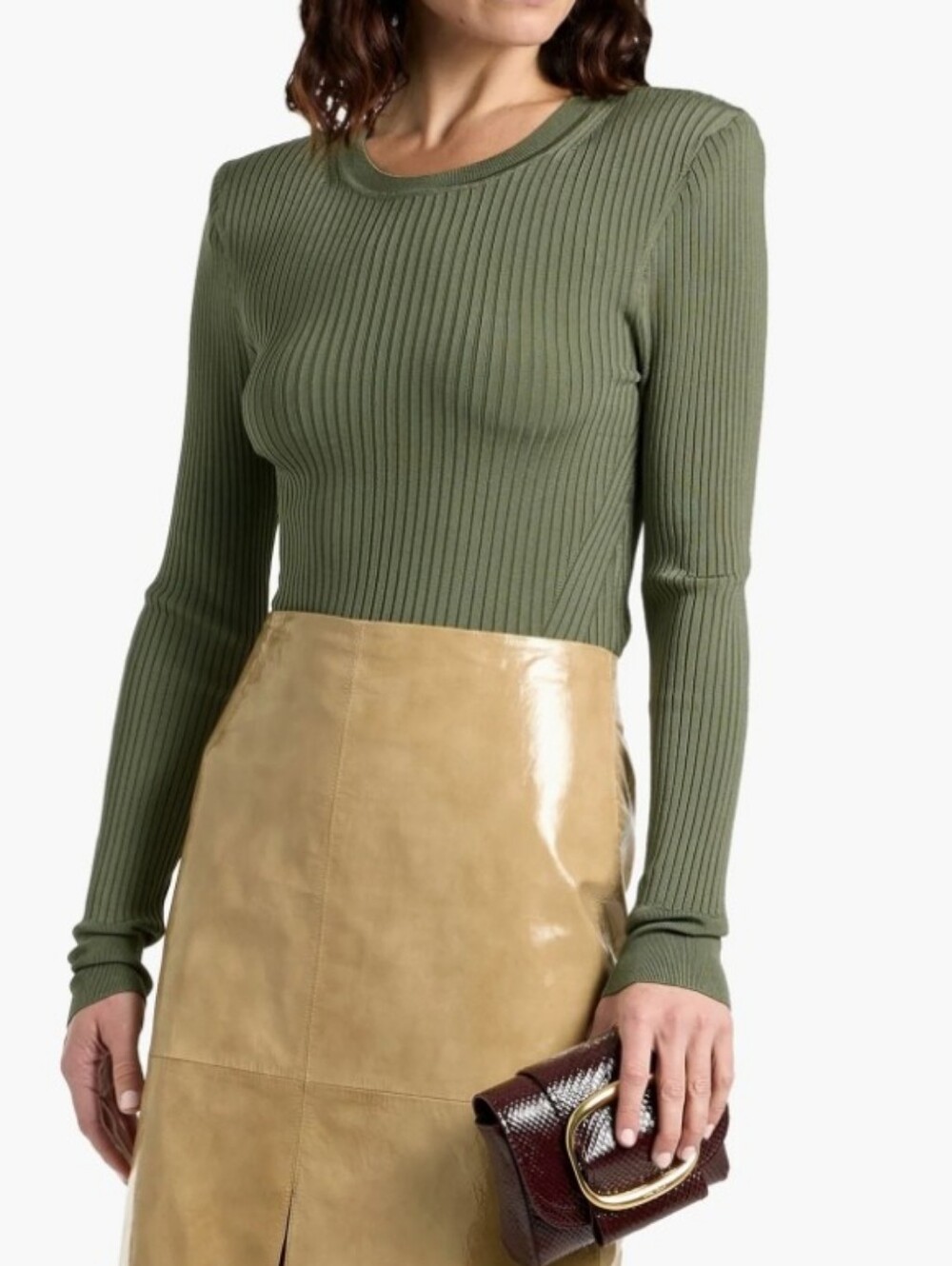 Veronica Beard Olive Ribbed Long-Sleeve Crewneck